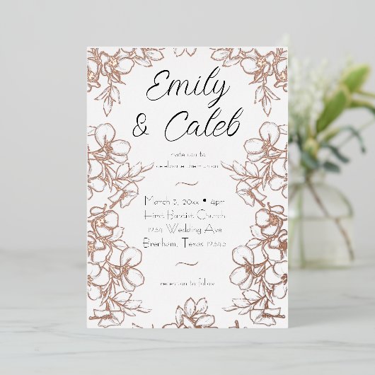 Bloemen Lijst Bruiloft Roos Gouden Folie Invitatio Folie Uitnodiging (Staand Voorkant)