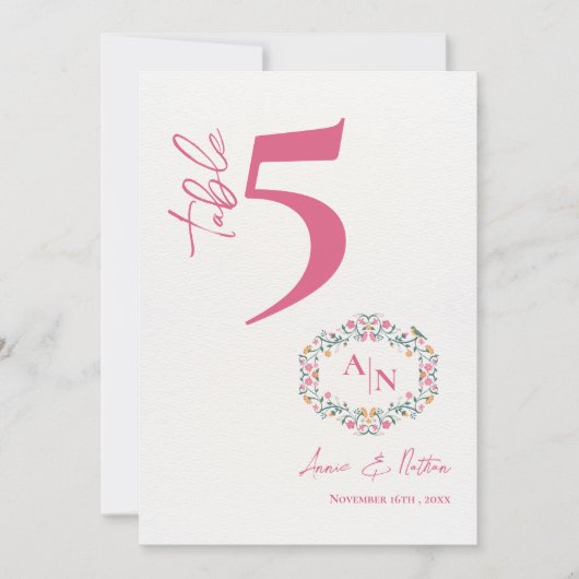 Bloemen Lijst Chic Monogram Trouwtafel Nummer Bedankkaart (Voorkant)