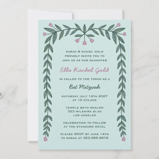 Bloemen Lijst Custom QR Code Bat Mitzvah Meisje Kaart (Voorkant)