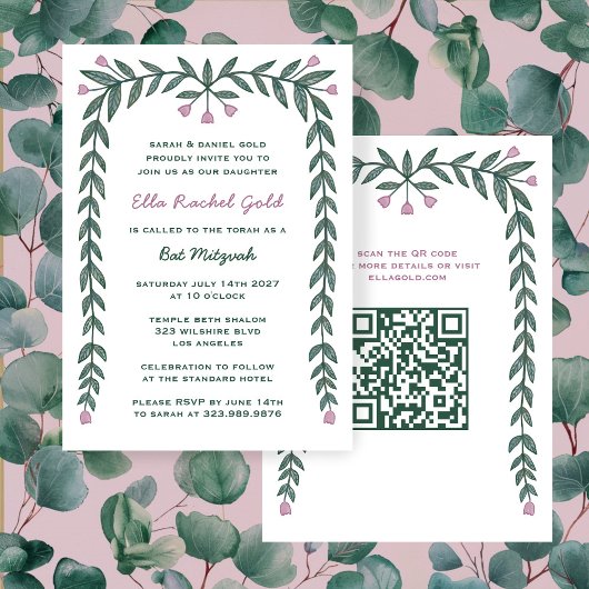 Bloemen Lijst Custom QR Code Bat Mitzvah Meisje Kaart