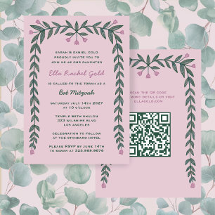 Bloemen Lijst Custom QR Code Bat Mitzvah Meisje Kaart