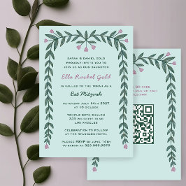 Bloemen Lijst Custom QR Code Bat Mitzvah Meisje Kaart