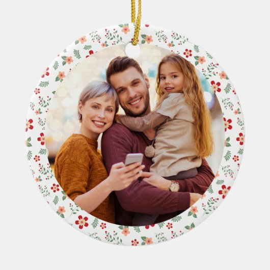 Bloemen Lijst Familie Foto Kerst Keramisch Ornament (Voorkant)