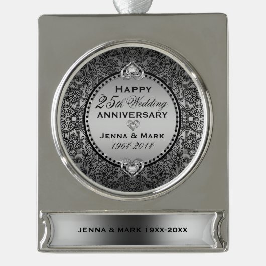 Bloemen Lijst & Harten 25e bruiloft Jubileum Verzilverd Banner Ornament (Voorkant)