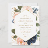 Bloemen lijst marine & roze blush waterverf bruilo kaart (Voorkant)