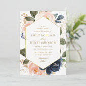 Bloemen lijst marine & roze blush waterverf bruilo kaart (Staand voorkant)