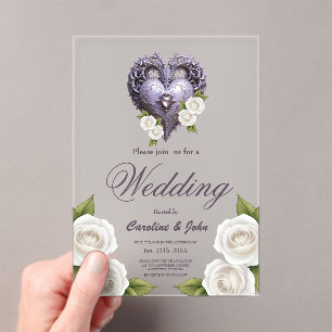 Bloemen lijst met een hart en witte rozen acryl uitnodigingen