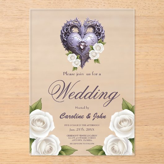 Bloemen lijst met een hart en witte rozen acryl uitnodigingen (Voorkant)