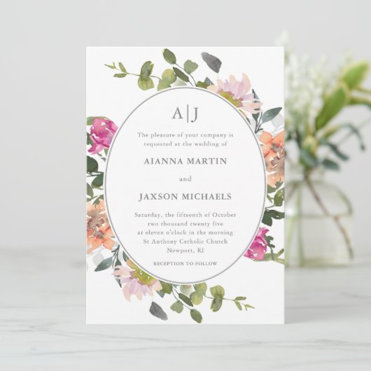 Bloemen Lijst met groen bruiloft Kaart (Staand voorkant)