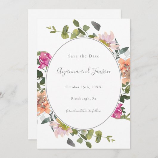 Bloemen Lijst met groen bruiloft Save The Date (Voorkant / Achterkant)