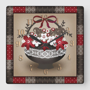 Bloemen lijst met mand, florale vintage vierkante klok