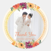 Bloemen lijst paar foto beige bruiloft dank u ronde sticker (Voorkant)