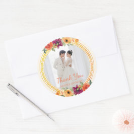 Bloemen lijst paar foto beige bruiloft dank u ronde sticker