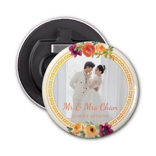 Bloemen lijst paar foto beige bruiloft mr & mrs button flesopener (Voorkant)