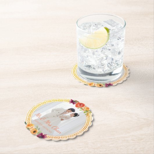 Bloemen lijst paar foto beige bruiloft mr & mrs kartonnen onderzetters (Insitu)