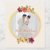 Bloemen lijst paar foto beige bruiloft mr & mrs wijn etiket (Enkel label)