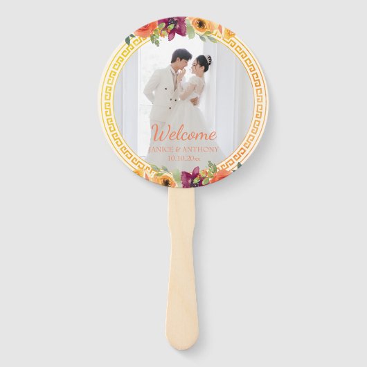 Bloemen lijst paar foto beige bruiloft programma handwaaier (Voorkant)