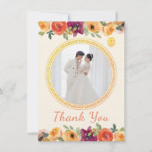 Bloemen lijst paar foto beige chinese bruiloft bedankkaart (Voorkant)