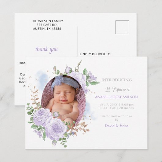 Bloemen lijst Paarse Meisje Foto Geboorte Aankondi Aankondigingskaart (Voorkant / Achterkant)