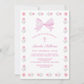 Bloemen Lijst Roze strik doop Kaart (Voorkant)