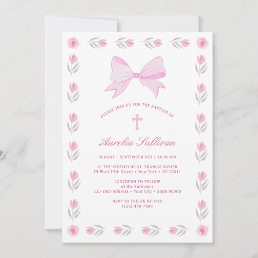 Bloemen Lijst Roze strik doop Kaart (Voorkant)