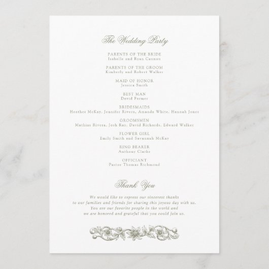  Bloemen Lijst Vines Toile Sage Wedding Programmakaart (Achterkant)