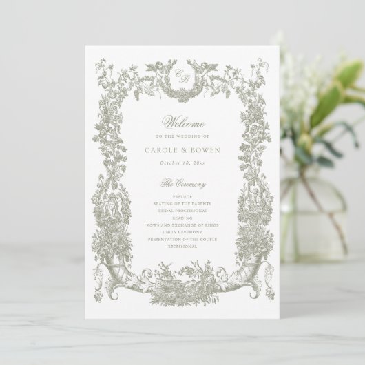  Bloemen Lijst Vines Toile Sage Wedding Programmakaart (Staand voorkant)
