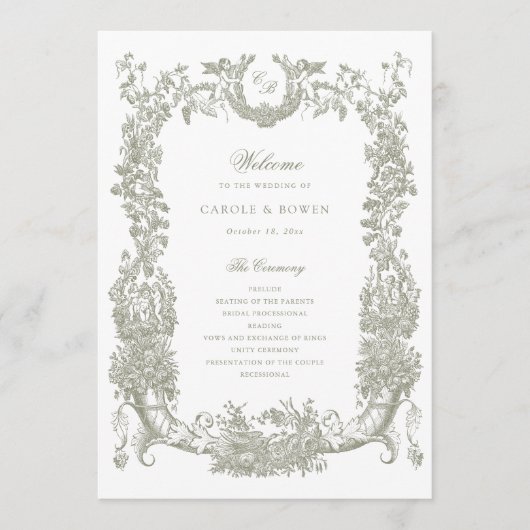  Bloemen Lijst Vines Toile Sage Wedding Programmakaart (Voorkant)