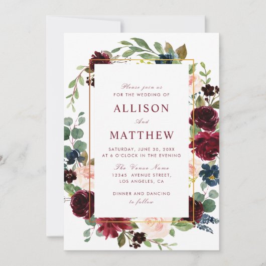 Bloemen lijst waterverf bordeauxrood bloeit bruilo kaart (Voorkant)