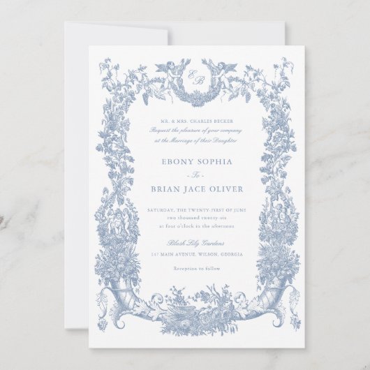 Bloemen Lijst Wijnstok Toile Dusty Blue Wedding Kaart (Voorkant)