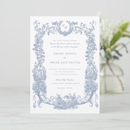  Bloemen Lijst Wijnstok Toile Dusty Blue Wedding Kaart (Staand voorkant)