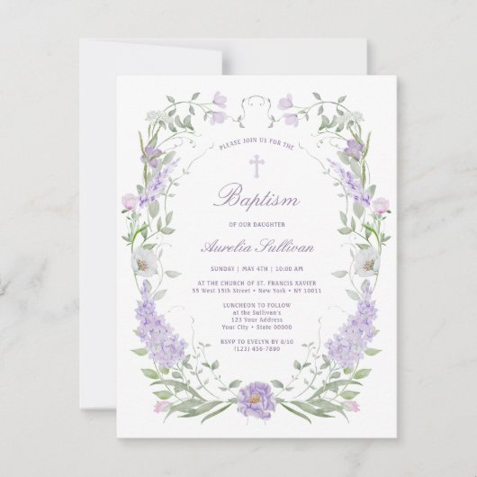 Bloemen Lila Lavendel Lijst doop Kaart (Voorkant)