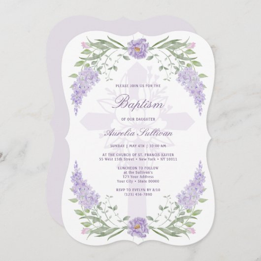 Bloemen Lila Lavendel Lijst Heilig Kruis Doop Kaart (Voorkant / Achterkant)