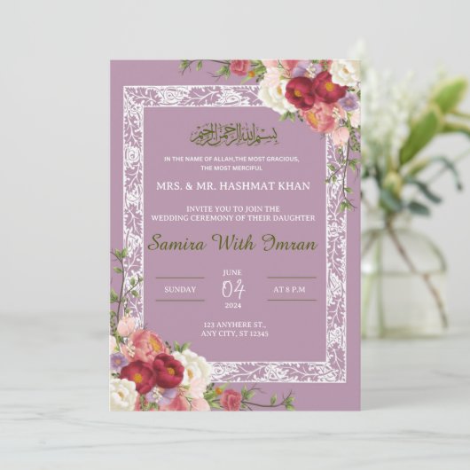 Bloemen Lila Roze Moslim Bruiloft Uitnodiging (Staand voorkant)