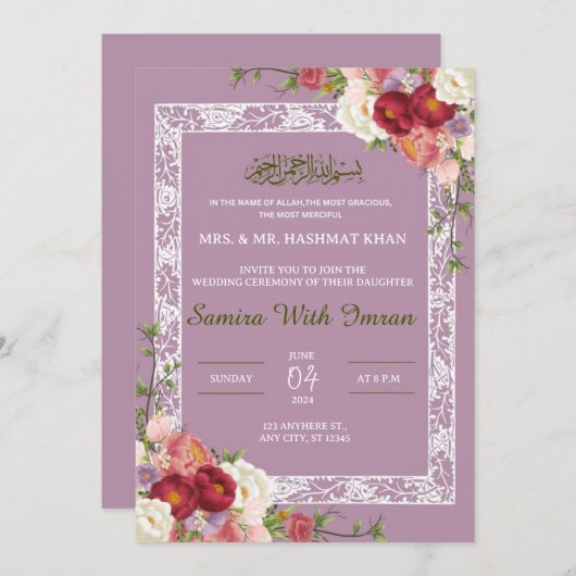 Bloemen Lila Roze Moslim Bruiloft Uitnodiging (Voorkant / Achterkant)