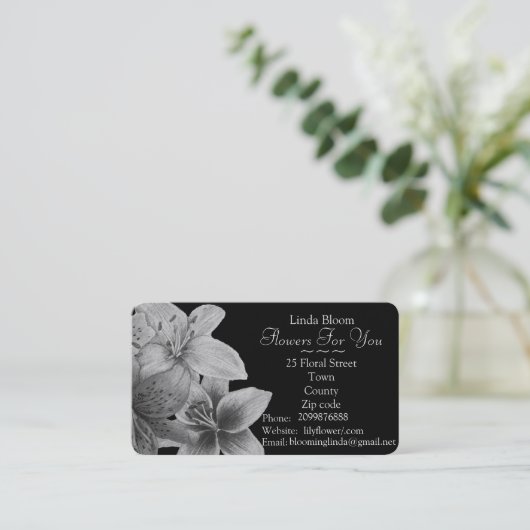 bloemen Lilies floristen voor zwart-wit kunstontwe Visitekaartje (Staand voorkant)