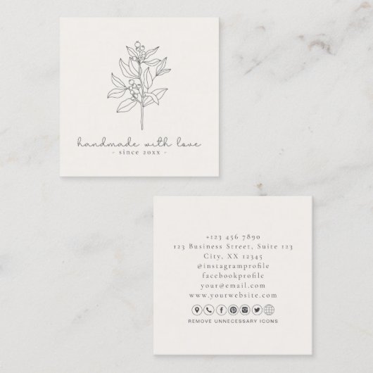 Bloemen logo, handgemaakt met love milk wit vierkante visitekaartje (Voorkant / Achterkant)