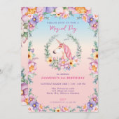 Bloemen Magische Eenhoorn Verjaardag Uitnodiging (Voorkant / Achterkant)