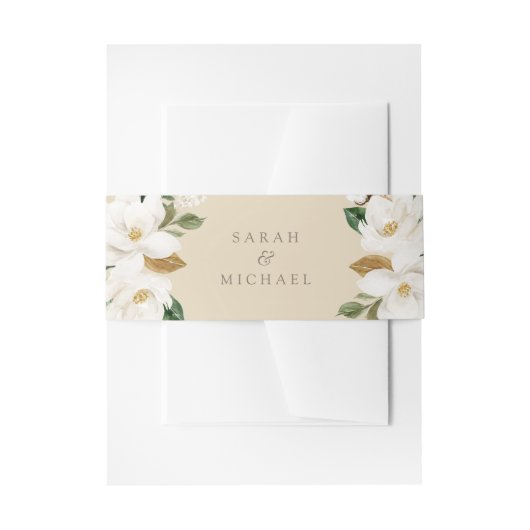 Bloemen Magnolia Neutrale Beige Bruiloft Elegant Uitnodigingen Wikkel (Voorkant Voorbeeld)