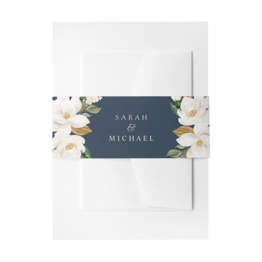 Bloemen Magnolia Neutrale Beige Navy Bruiloft Eleg Uitnodigingen Wikkel (Voorkant Voorbeeld)