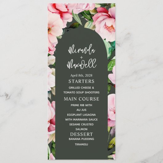 Bloemen Magnolia Pioen Donkergroen Bruiloft Menu (Voorkant)