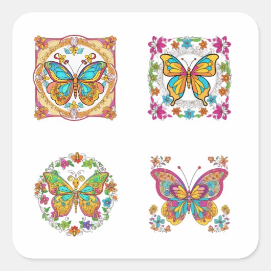 Bloemen Mandala met Vlinder Art 4 Pack Stickers (Voorkant)