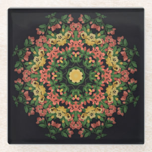Bloemen mandala: rood, geel . glazen onderzetter