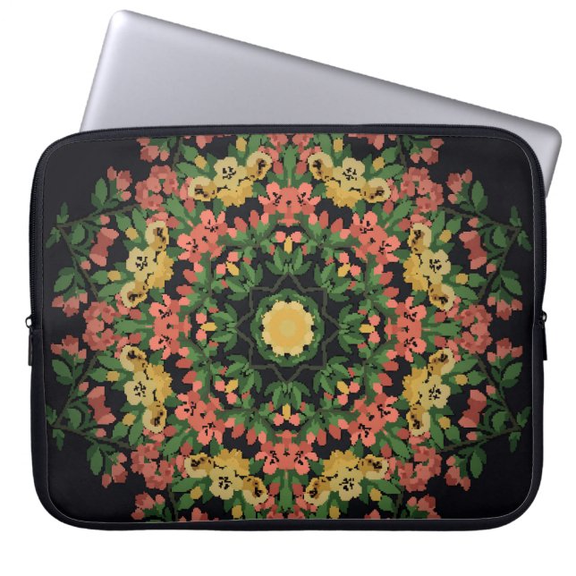 Bloemen mandala: rood, geel . laptop sleeve (Voorkant)