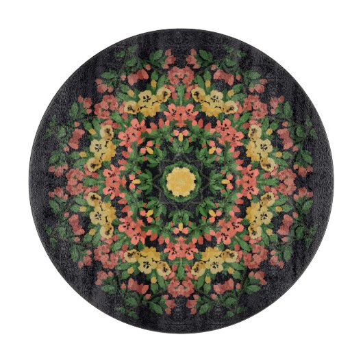 Bloemen mandala: rood, geel . snijplank (Voorkant)
