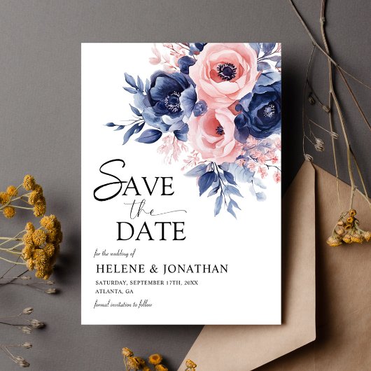 Bloemen Marine Blauw Blush Roze Boho Elegant Huwel Save The Date