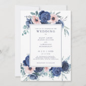 Bloemen Marine Blauw Blush Roze bruiloft uitnodigi Kaart (Voorkant)