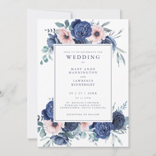 Bloemen Marine Blauw Blush Roze bruiloft uitnodigi Kaart (Voorkant)