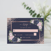 Bloemen Marine Blauw Blush Roze Rose Goud Huwelijk RSVP Kaartje (Staand voorkant)