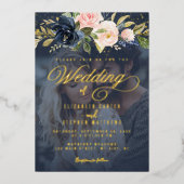 Bloemen Marine Blauw en Blush Roze Fotobruiloft Folie Uitnodiging (Voorkant)